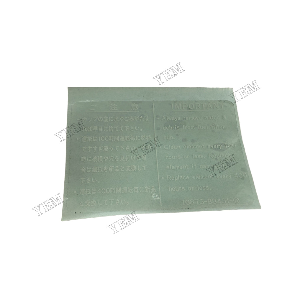 YEM Parts 16873-88430 Label for Kubota D1005 Diesel Engine Parts For Kubota