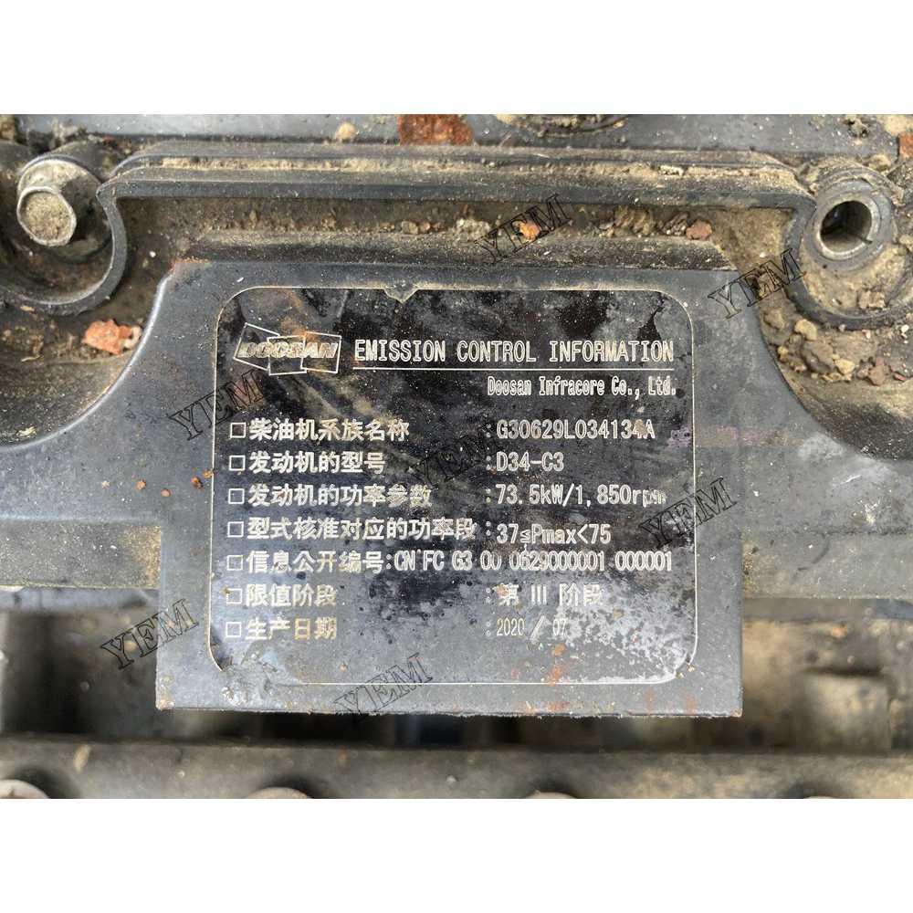 For Doosan Engine D34-C3 Complete engine assembly 1850 rpm 73.5kw Serial Number: BC20F80060 For Doosan