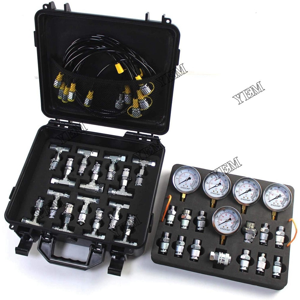 YEM Engine Parts 250~600Bar Hydraulic Pressure Test Kit 9 Couplings 3 Hose 3 Gauge For Excavator For Other