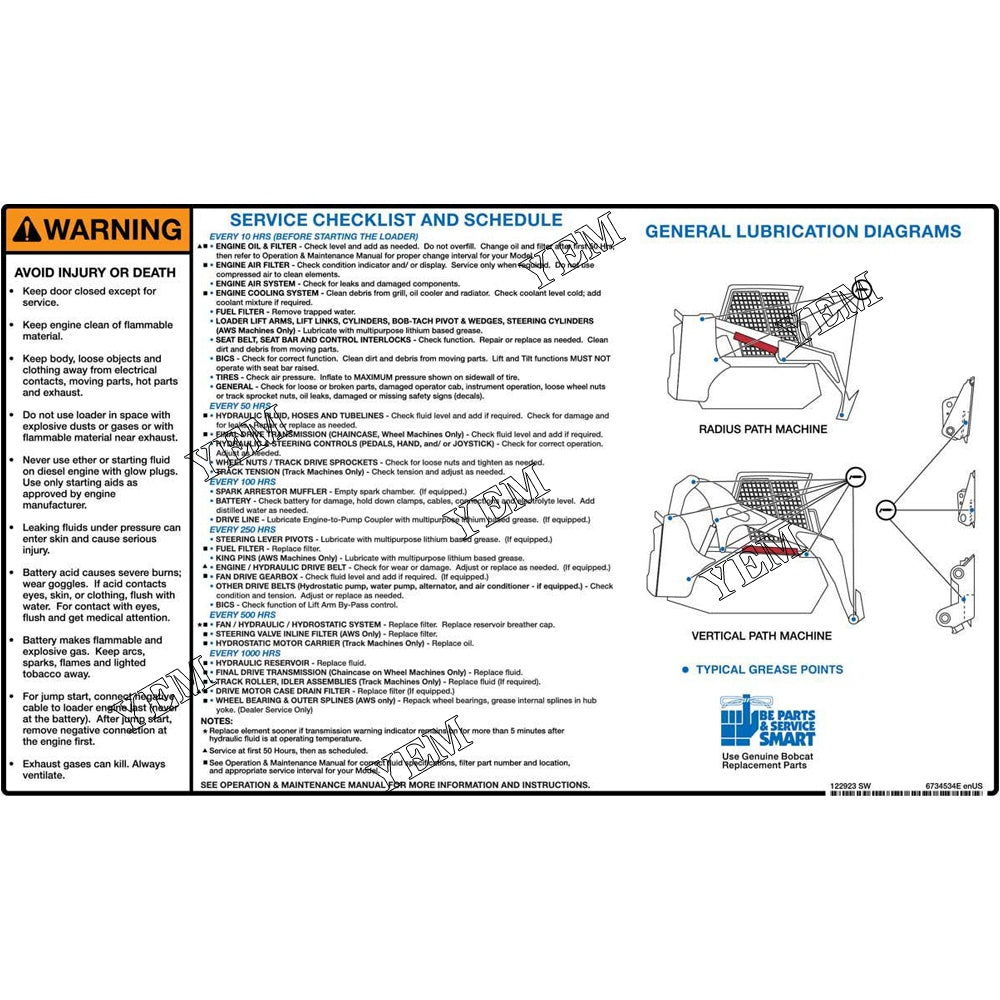 6734534 Service Decal For Bobcat S100 S160 S185 S250 S70 YEMPARTS